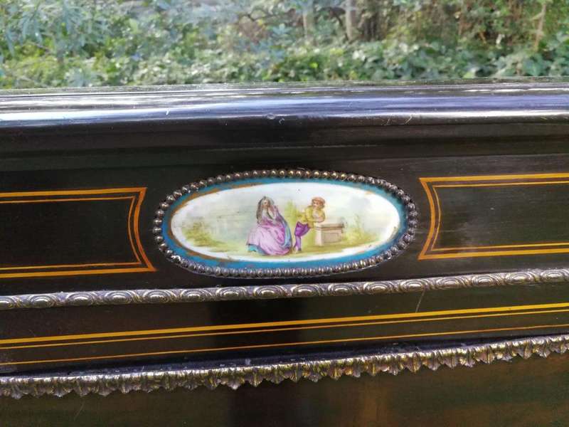A French Style Ebonized Breakfront Credenza / Sideboard With Ormolu Mounts And Marquetry Inlay