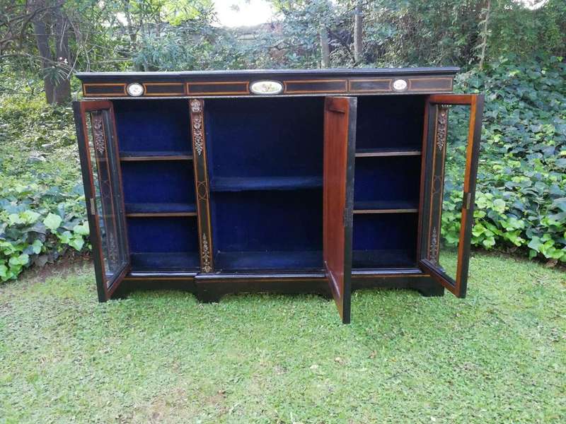 A French Style Ebonized Breakfront Credenza / Sideboard With Ormolu Mounts And Marquetry Inlay