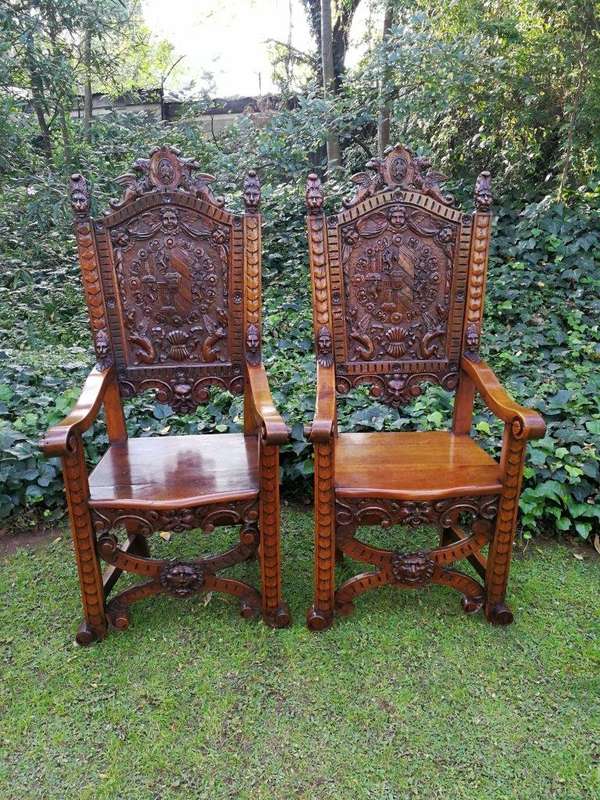 A Pair of Carved Continental Throne / King Chairs