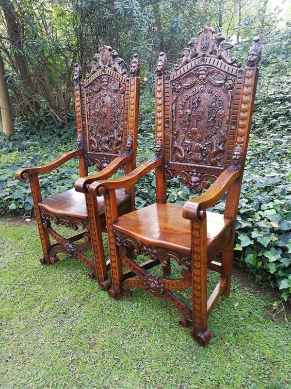 A Pair of Carved Continental Throne / King Chairs