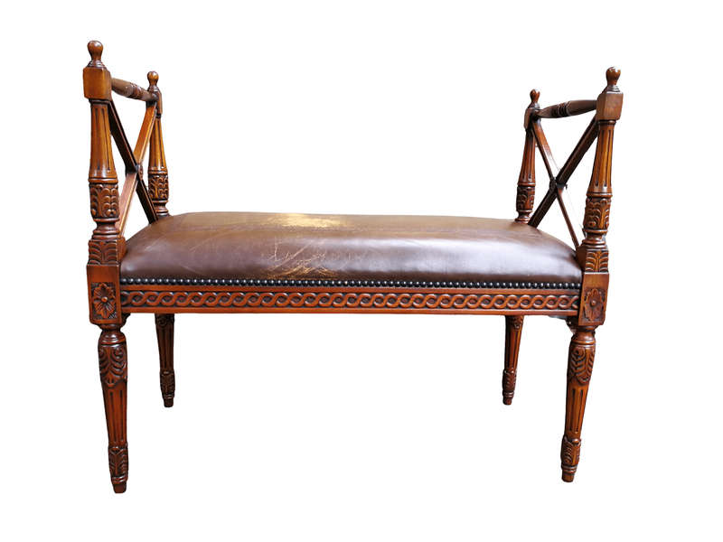 A 20th Century French Carved Mahogany Ottoman With Gilt Tooled Brown Leather