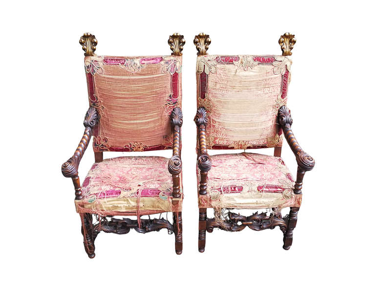 A Pair of Early 19th Century Gilt Wood and Oak Carved Throne Chairs (Still with the original silk...