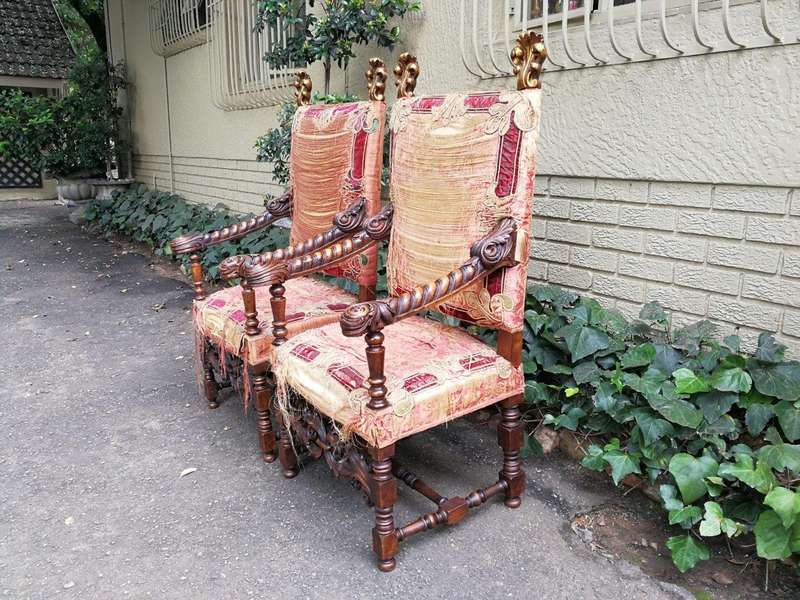 A Pair of Early 19th Century Gilt Wood and Oak Carved Throne Chairs (Still with the original silk...