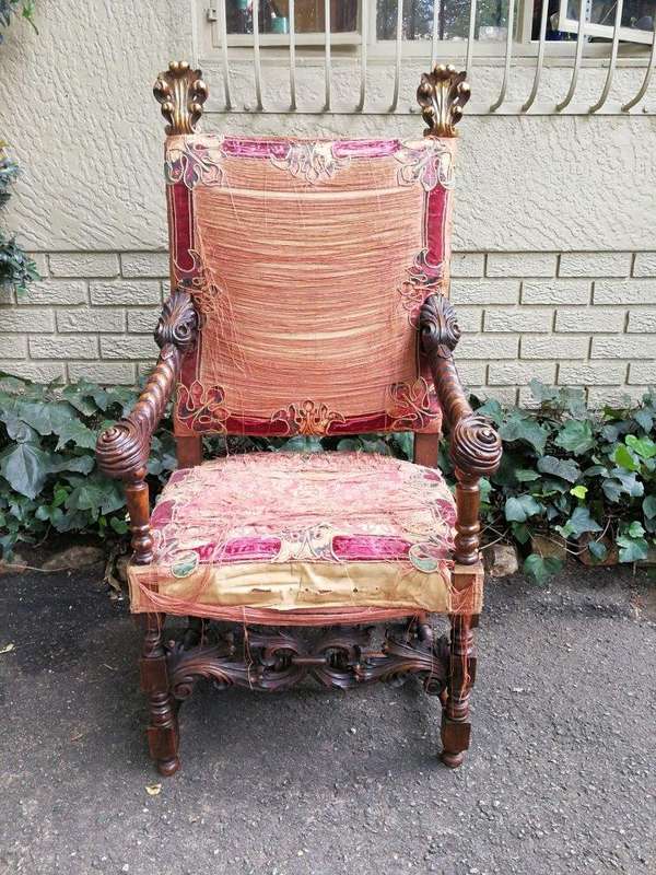A Pair of Early 19th Century Gilt Wood and Oak Carved Throne Chairs (Still with the original silk...