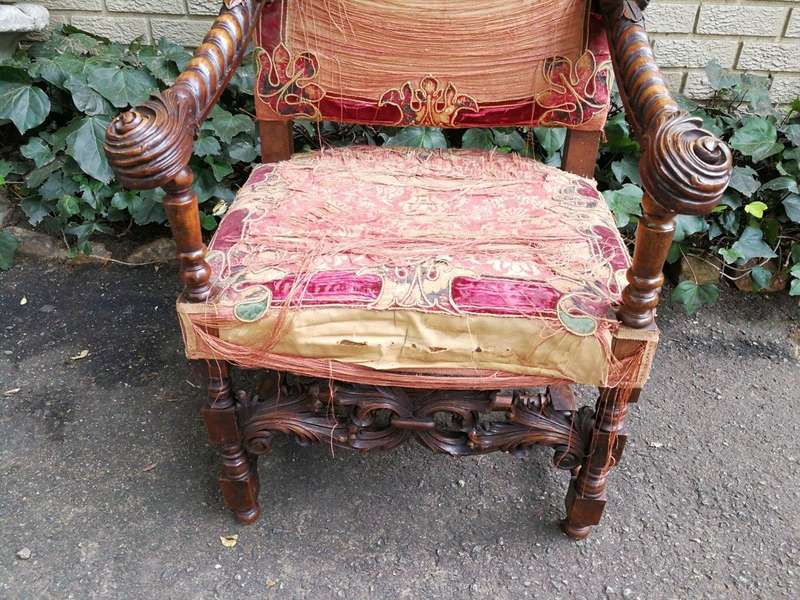 A Pair of Early 19th Century Gilt Wood and Oak Carved Throne Chairs (Still with the original silk...