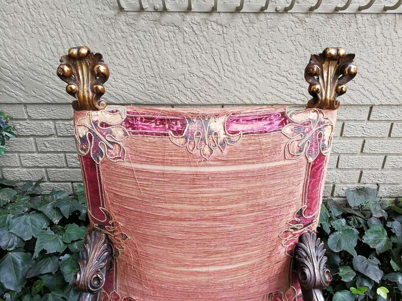 A Pair of Early 19th Century Gilt Wood and Oak Carved Throne Chairs (Still with the original silk...