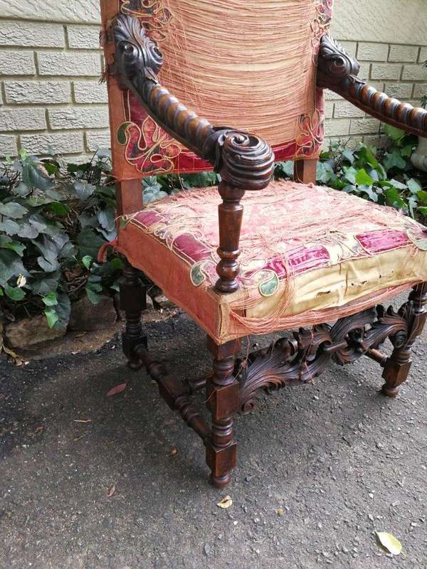 A Pair of Early 19th Century Gilt Wood and Oak Carved Throne Chairs (Still with the original silk...