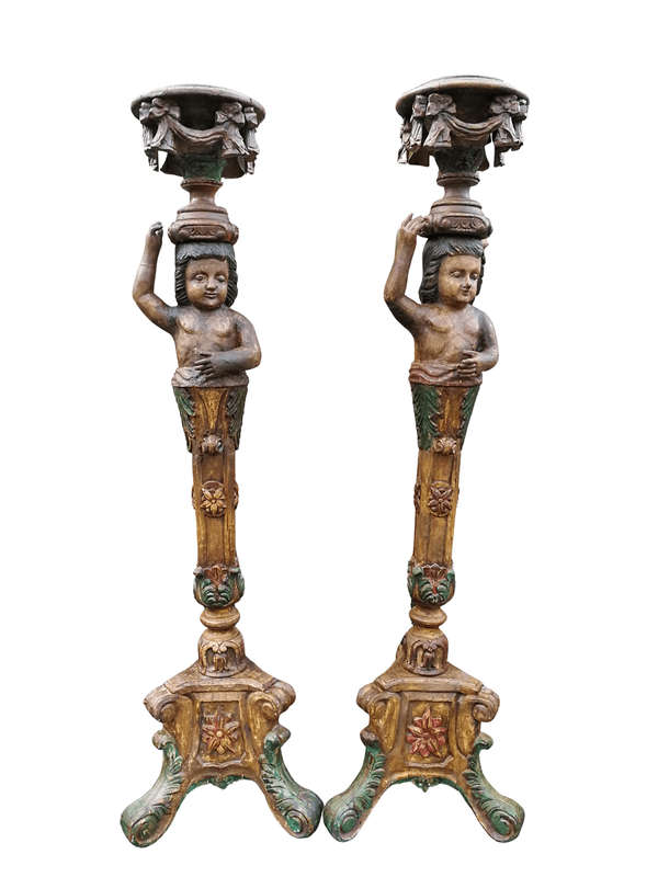 A Pair of 19th century gilt-wood and Paint Wooden Torchères