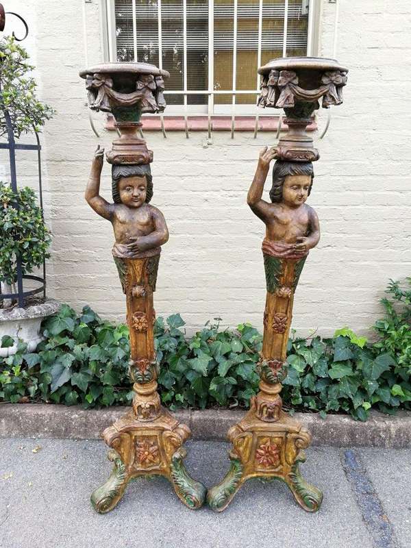 A Pair of 19th century gilt-wood and Paint Wooden Torchères
