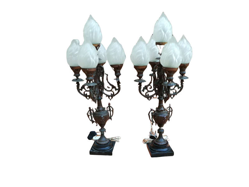A Pair of 20th Century Metal Candelabras with Frosted Lamp Shades