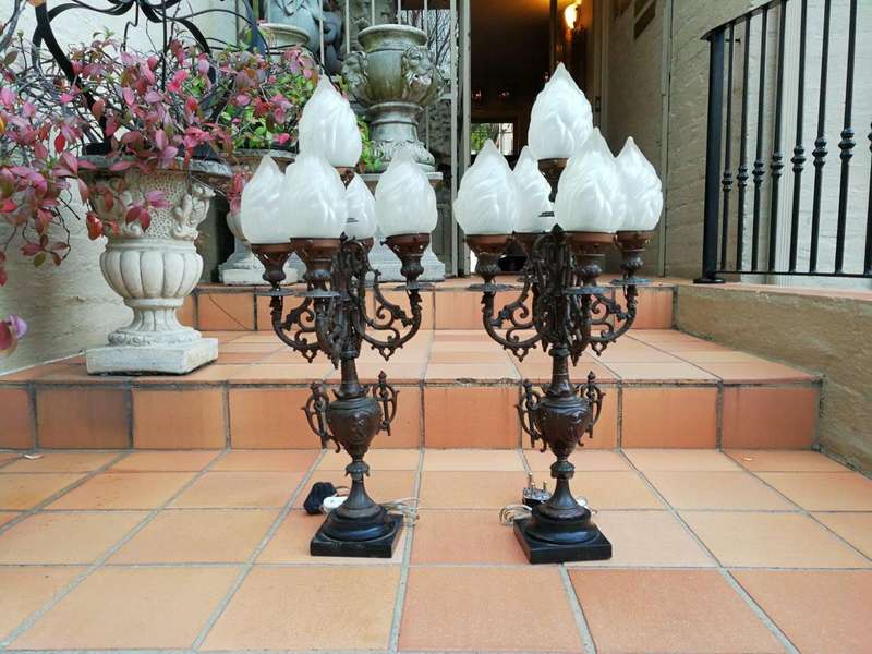 A Pair of 20th Century Metal Candelabras with Frosted Lamp Shades
