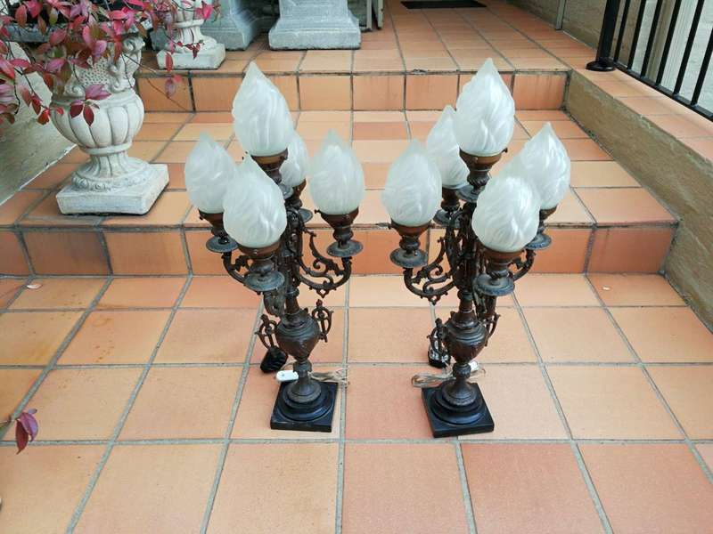 A Pair of 20th Century Metal Candelabras with Frosted Lamp Shades