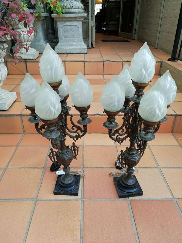 A Pair of 20th Century Metal Candelabras with Frosted Lamp Shades