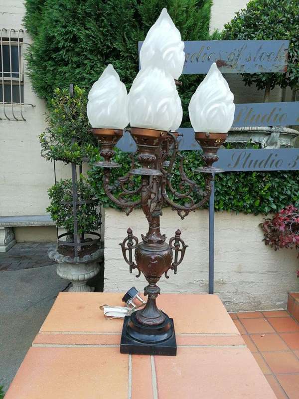 A Pair of 20th Century Metal Candelabras with Frosted Lamp Shades