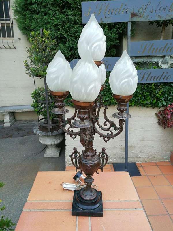 A Pair of 20th Century Metal Candelabras with Frosted Lamp Shades