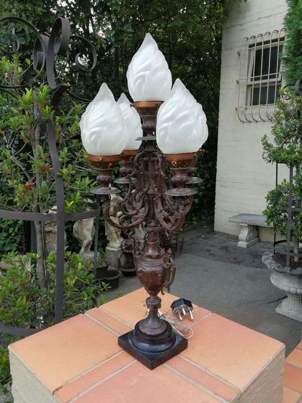 A Pair of 20th Century Metal Candelabras with Frosted Lamp Shades