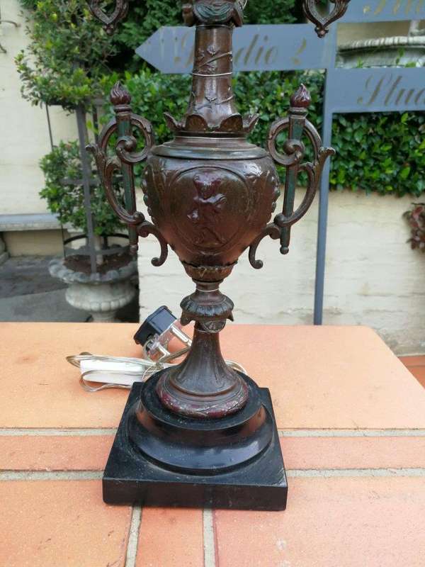 A Pair of 20th Century Metal Candelabras with Frosted Lamp Shades