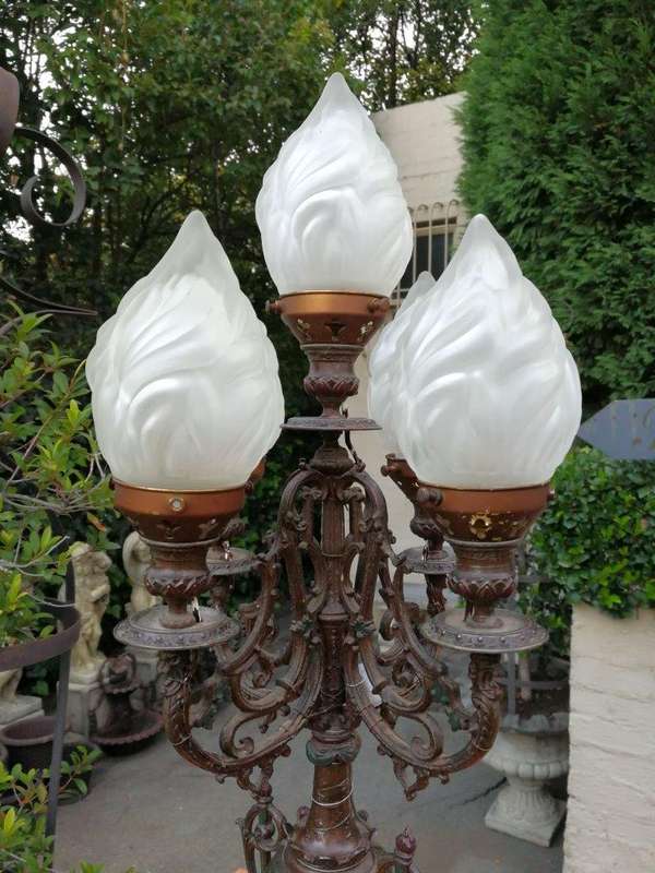 A Pair of 20th Century Metal Candelabras with Frosted Lamp Shades