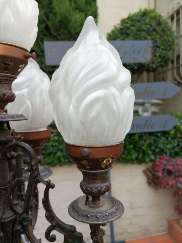 A Pair of 20th Century Metal Candelabras with Frosted Lamp Shades