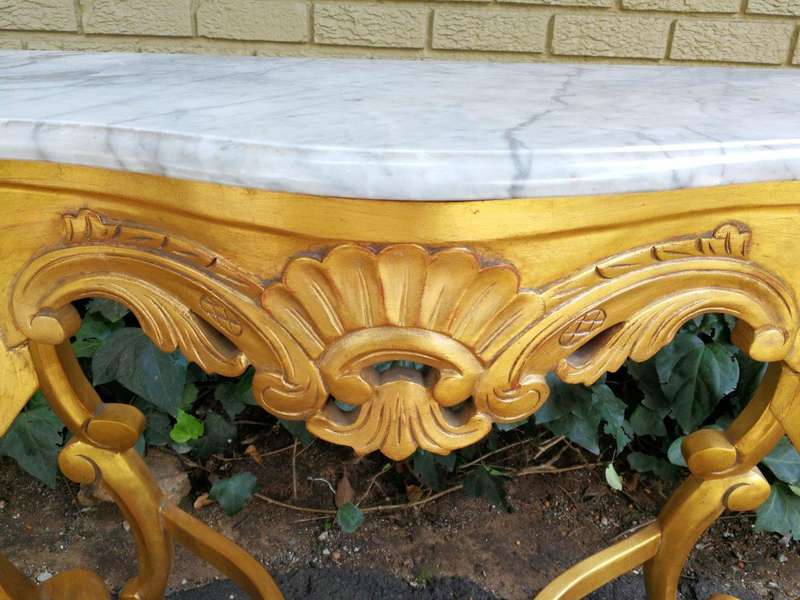 A 20th Century Style Carved and Wooden Hand Gilded Console Table With Marble Top
