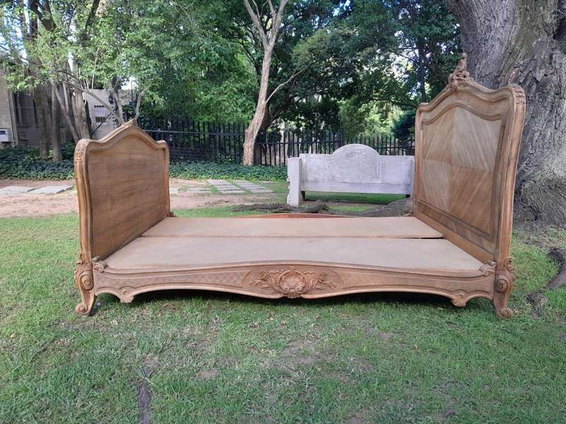 A 19th Century Circa 1880 Ornately Carved and Inlaid Marquetry Bed in a Contemporary Bleached Finish