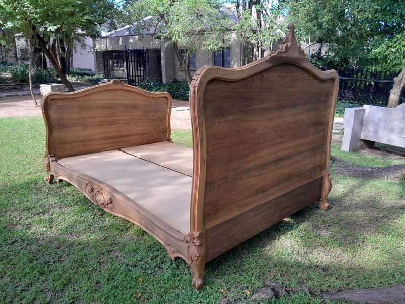A 19th Century Circa 1880 Ornately Carved and Inlaid Marquetry Bed in a Contemporary Bleached Finish