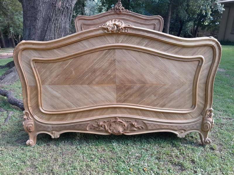 A 19th Century Circa 1880 Ornately Carved and Inlaid Marquetry Bed in a Contemporary Bleached Finish