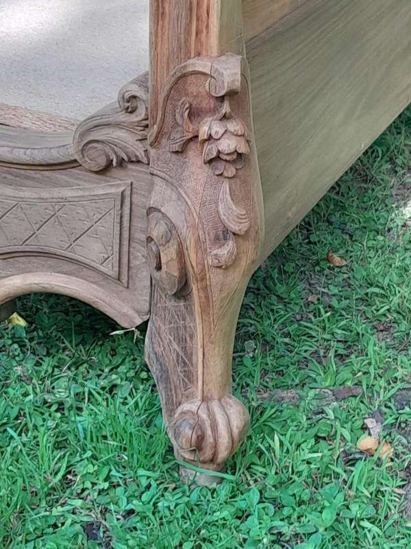 A 19th Century Circa 1880 Ornately Carved and Inlaid Marquetry Bed in a Contemporary Bleached Finish