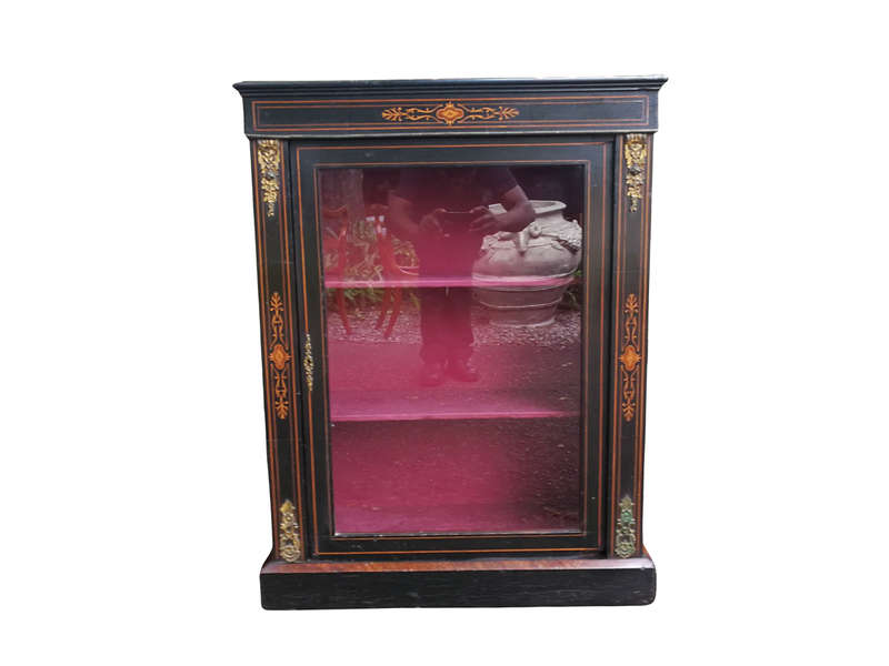 An Antique Victorian Ebonised And Marquetry Pier Cabinet With Gilt Metal Mounts And Key