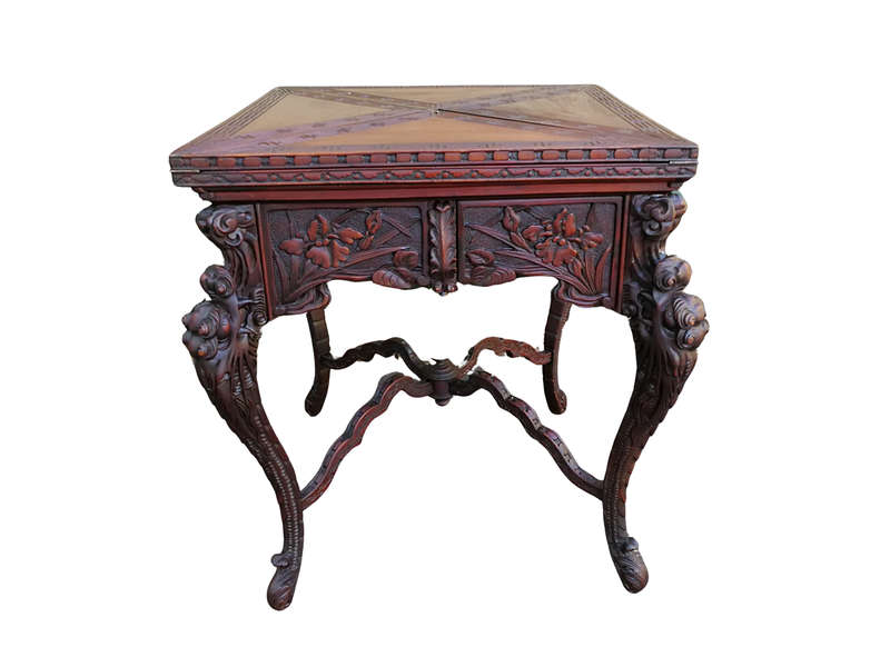 A 20th Century Carved Wooden Games Table with Four Drawers and Interior with Baize and Four Drawers