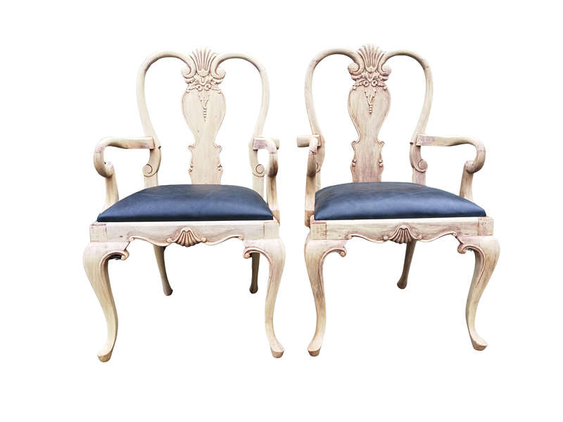 An Antique Pair of Bleached Walnut Carved Armchairs Upholstered in Leather