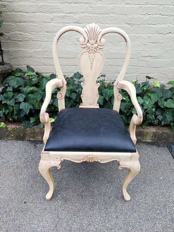 An Antique Pair of Bleached Walnut Carved Armchairs Upholstered in Leather