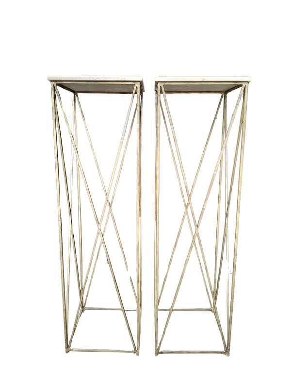 A Pair of Antique Gold Decorative Large Size Wrought Iron Plinths with Marble Tops Custom-Made fo...