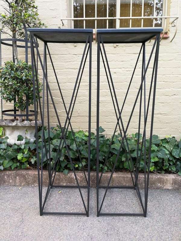 A Pair of Graphine Decorative Large Size Wrought Iron Plinths with Marble Tops Custom-Made for Th...