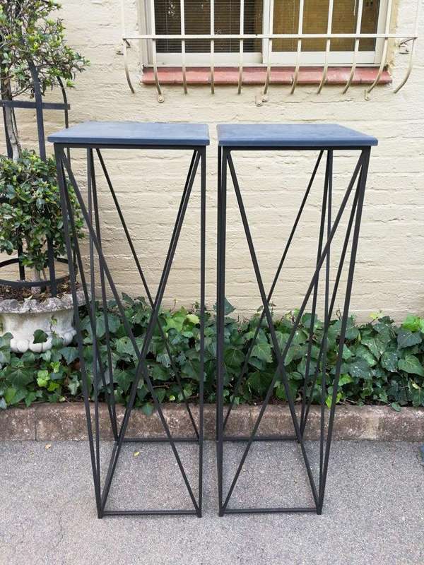 A Pair of Graphine Decorative Large Size Wrought Iron Plinths with Marble Tops Custom-Made for Th...
