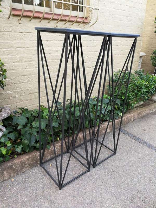 A Pair of Graphine Decorative Large Size Wrought Iron Plinths with Marble Tops Custom-Made for Th...