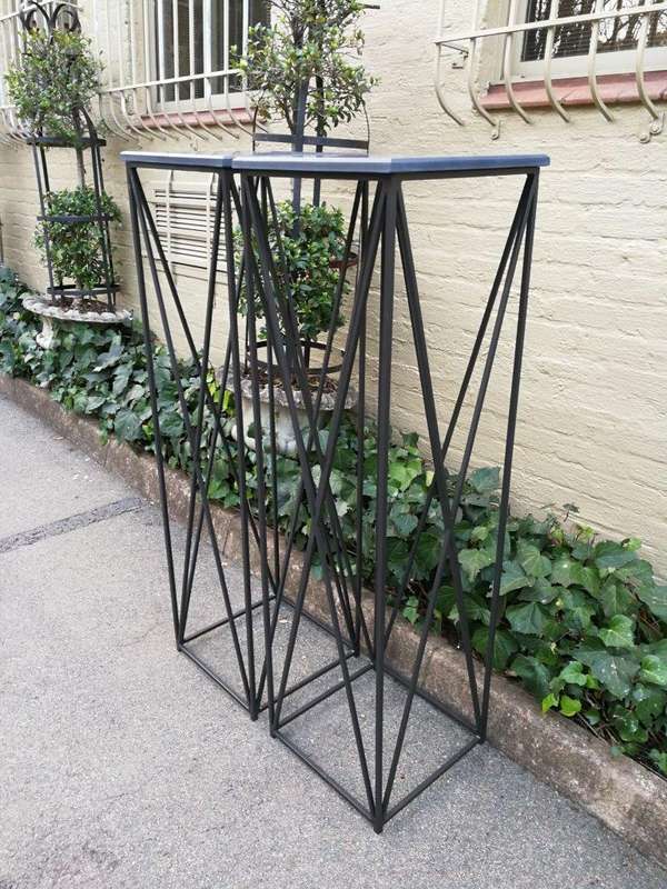 A Pair of Graphine Decorative Large Size Wrought Iron Plinths with Marble Tops Custom-Made for Th...