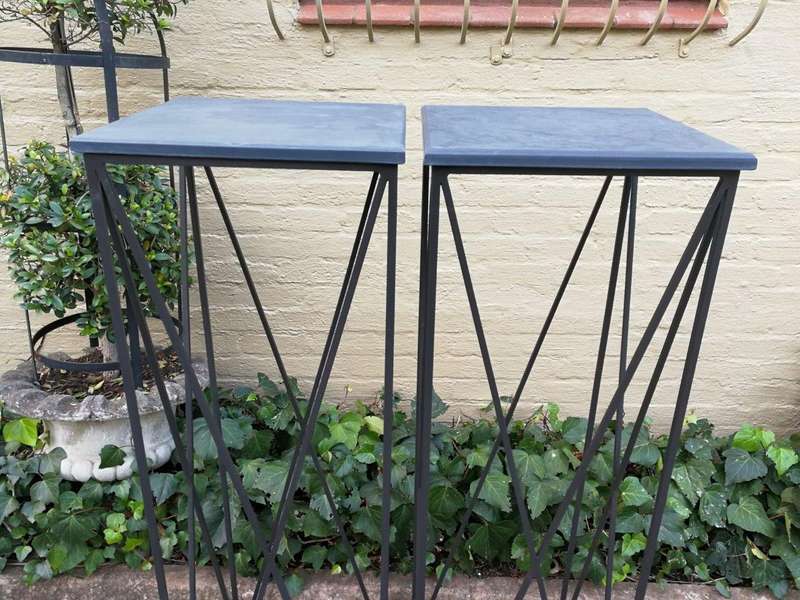A Pair of Graphine Decorative Large Size Wrought Iron Plinths with Marble Tops Custom-Made for Th...