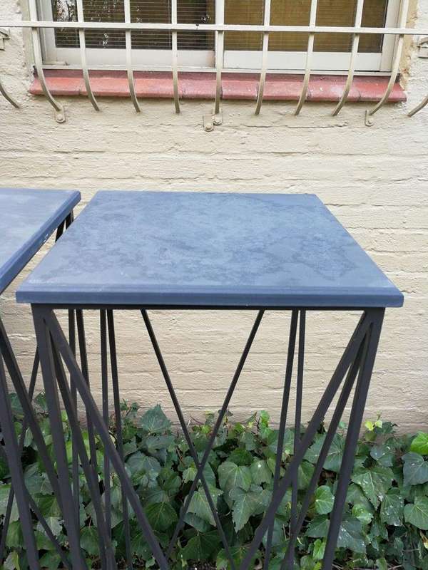A Pair of Graphine Decorative Large Size Wrought Iron Plinths with Marble Tops Custom-Made for Th...
