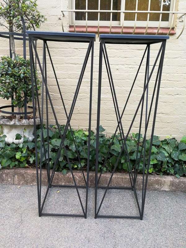 A Pair of Graphine Decorative Large Size Wrought Iron Plinths with Marble Tops Custom-Made for Th...