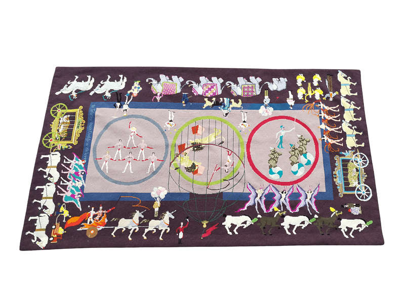 A 20th Century Custom and Handmade Needlepoint Tapestry/Rug Of a Circus Scene Dimensions: 147cm x...
