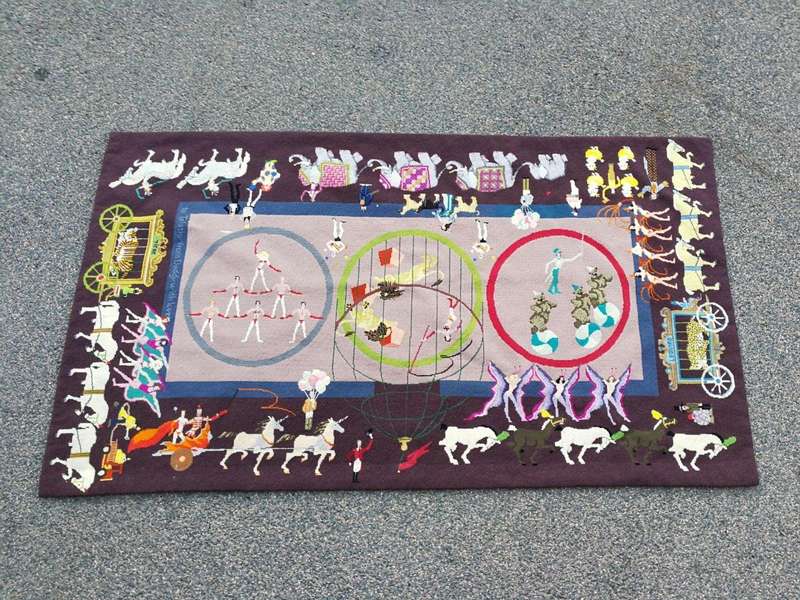 A 20th Century Custom and Handmade Needlepoint Tapestry/Rug Of a Circus Scene Dimensions: 147cm x...
