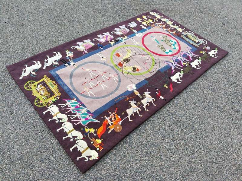 A 20th Century Custom and Handmade Needlepoint Tapestry/Rug Of a Circus Scene Dimensions: 147cm x...