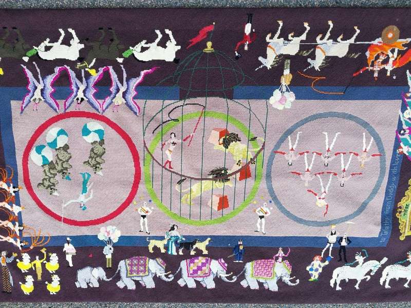A 20th Century Custom and Handmade Needlepoint Tapestry/Rug Of a Circus Scene Dimensions: 147cm x...