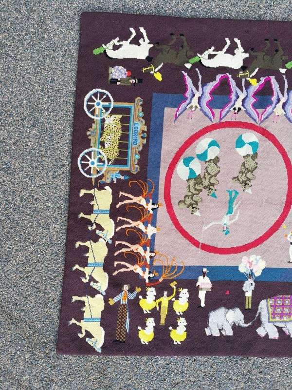 A 20th Century Custom and Handmade Needlepoint Tapestry/Rug Of a Circus Scene Dimensions: 147cm x...