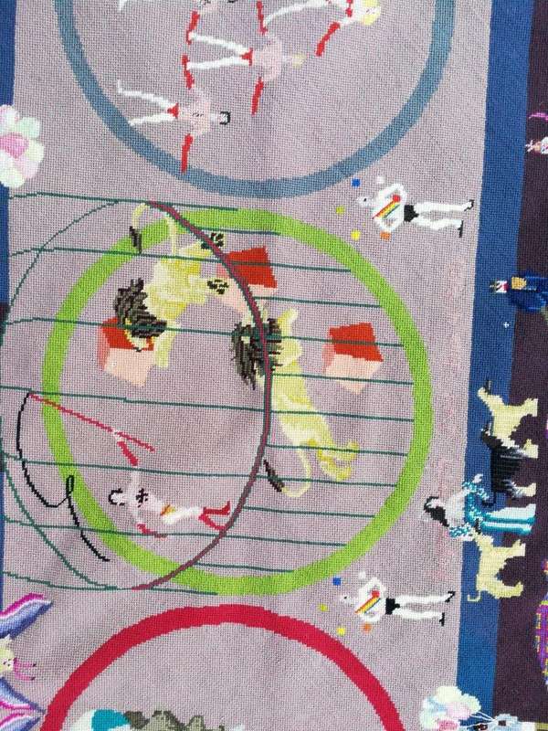 A 20th Century Custom and Handmade Needlepoint Tapestry/Rug Of a Circus Scene Dimensions: 147cm x...