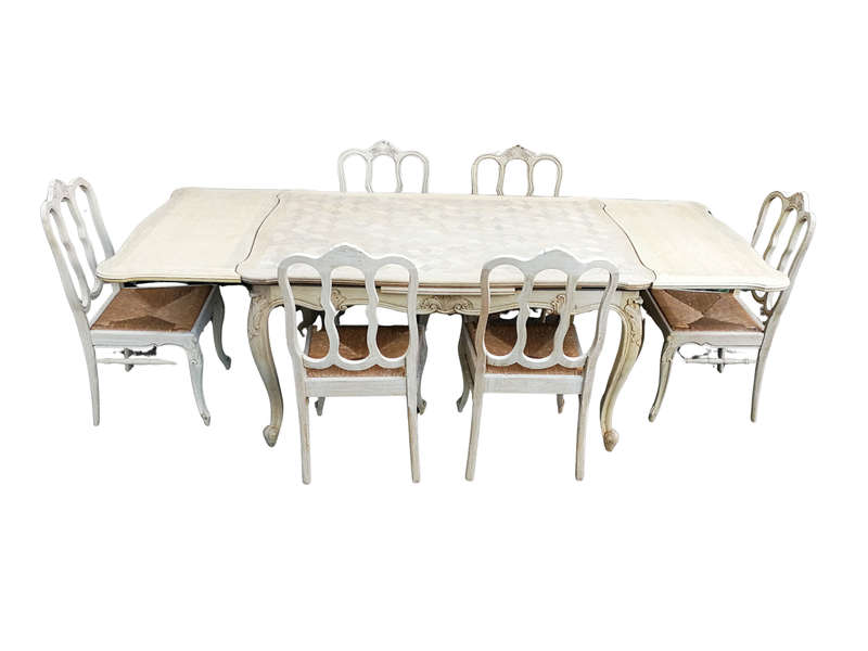 A 20TH Century French Set of Six Carved Dining Chairs with Rush Seats in a Contemporary Bleached ...