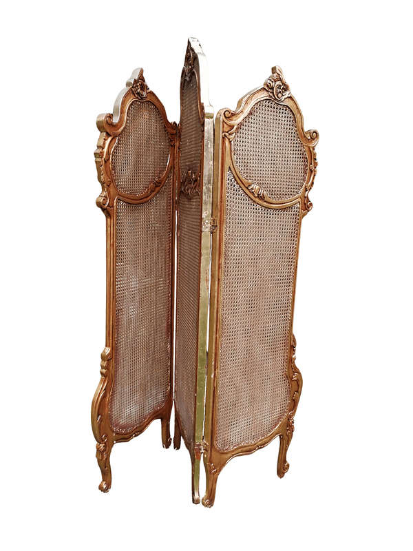 A 2Oth Century French Rococo Style Ornately Carved and Gilded Rattan Screen