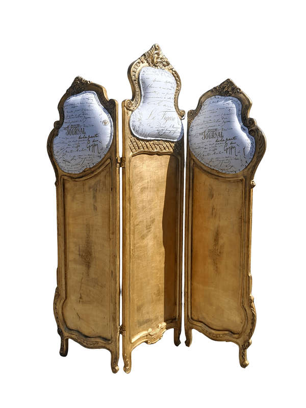 A French Rococo Style Ornately Carved Gilt-Wood Screen Upholstered in a Custom Design Fabric for ...