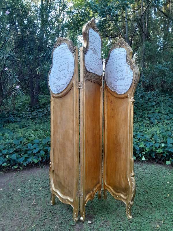 A French Rococo Style Ornately Carved Gilt-Wood Screen Upholstered in a Custom Design Fabric for ...